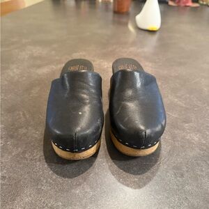 Charlotte Stone Black Leather Clogs with Wooden Soles